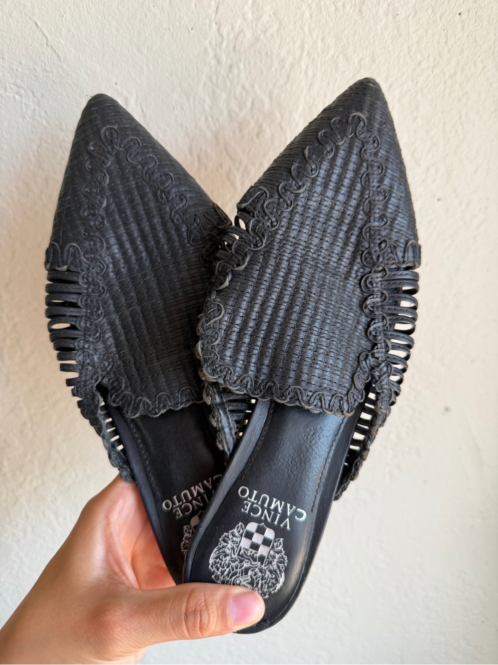 Vince Camuto Black Woven Pointed Slip-On Mules (Leather Upper)